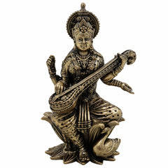 Brass Saraswati Idol, Maa Saraswati Murti, Sharada Statue, Vagdevi Sculpture, Goddess of Knowledge, Wisdom & Arts for Home Temple, Pooja Room & Study Decor,Gold, 4.5 Inch, 1 Piece