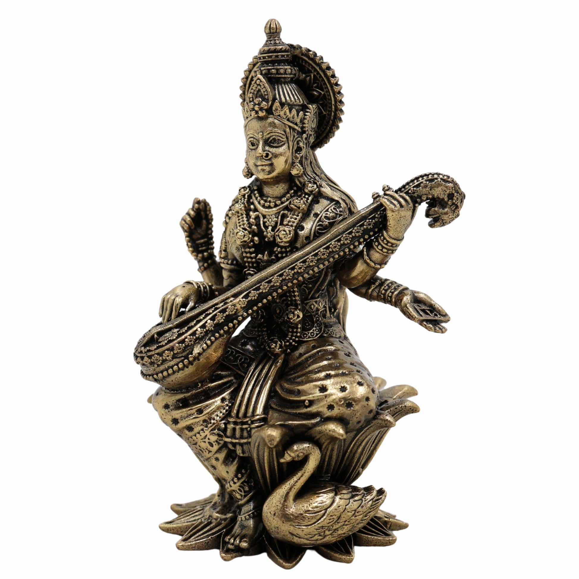 Brass Saraswati Idol, Maa Saraswati Murti, Sharada Statue, Vagdevi Sculpture, Goddess of Knowledge, Wisdom & Arts for Home Temple, Pooja Room & Study Decor,Gold, 4.5 Inch, 1 Piece