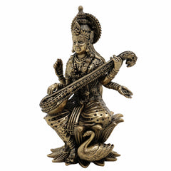 Brass Saraswati Idol, Maa Saraswati Murti, Sharada Statue, Vagdevi Sculpture, Goddess of Knowledge, Wisdom & Arts for Home Temple, Pooja Room & Study Decor,Gold, 4.5 Inch, 1 Piece