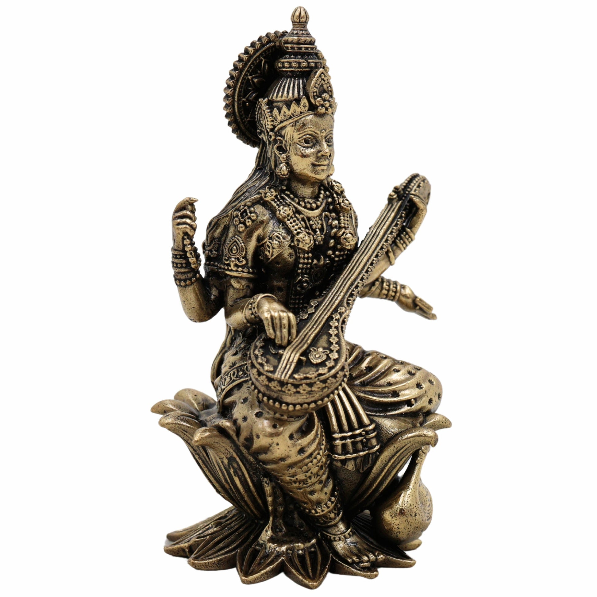 Brass Saraswati Idol, Maa Saraswati Murti, Sharada Statue, Vagdevi Sculpture, Goddess of Knowledge, Wisdom & Arts for Home Temple, Pooja Room & Study Decor,Gold, 4.5 Inch, 1 Piece