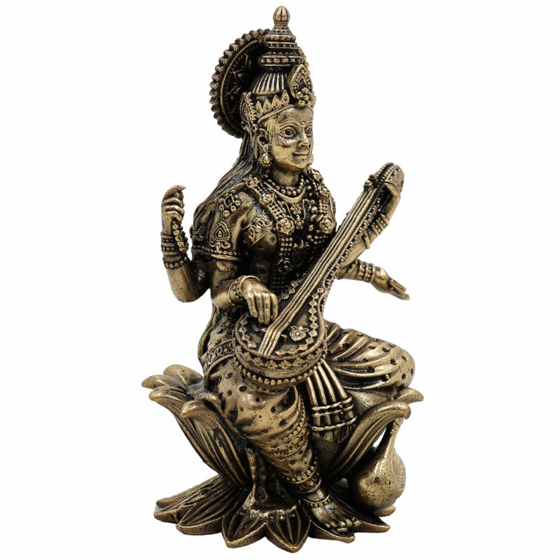 Brass Saraswati Idol, Maa Saraswati Murti, Sharada Statue, Vagdevi Sculpture, Goddess of Knowledge, Wisdom & Arts for Home Temple, Pooja Room & Study Decor,Gold, 4.5 Inch, 1 Piece