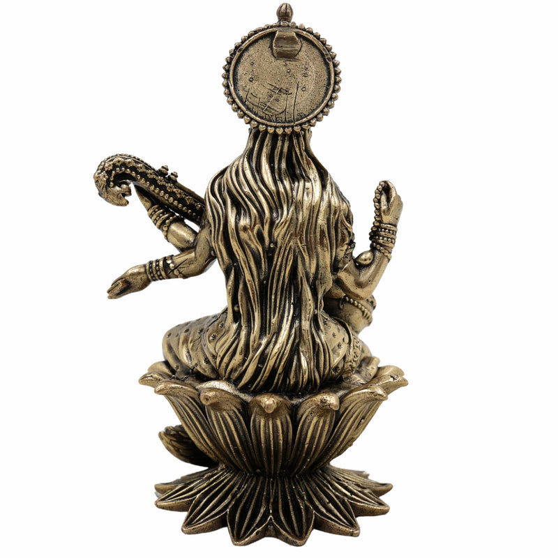 Brass Saraswati Idol, Maa Saraswati Murti, Sharada Statue, Vagdevi Sculpture, Goddess of Knowledge, Wisdom & Arts for Home Temple, Pooja Room & Study Decor,Gold, 4.5 Inch, 1 Piece
