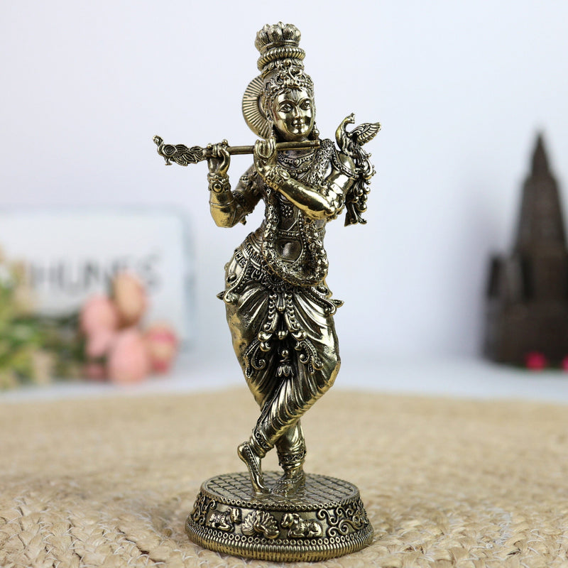Brass Krishna Idol | Murlidhar Kanha Gopal Govinda Murti | Handmade Shree Krishna Statue for Home Temple, Janmashtami & Gift,Gold, 6.5 Inch, 1 Piece
