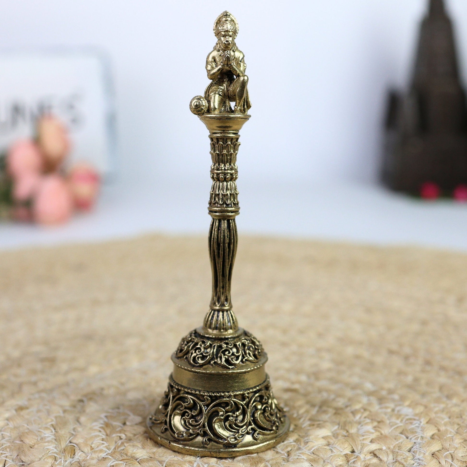 Brass Hanuman Ghanti, Bajrangbali Temple Bell, Peetal Hanuman Ghante for Pooja, Mandir & Home Decor, Gold, 5.5 Inch, 1 Piece