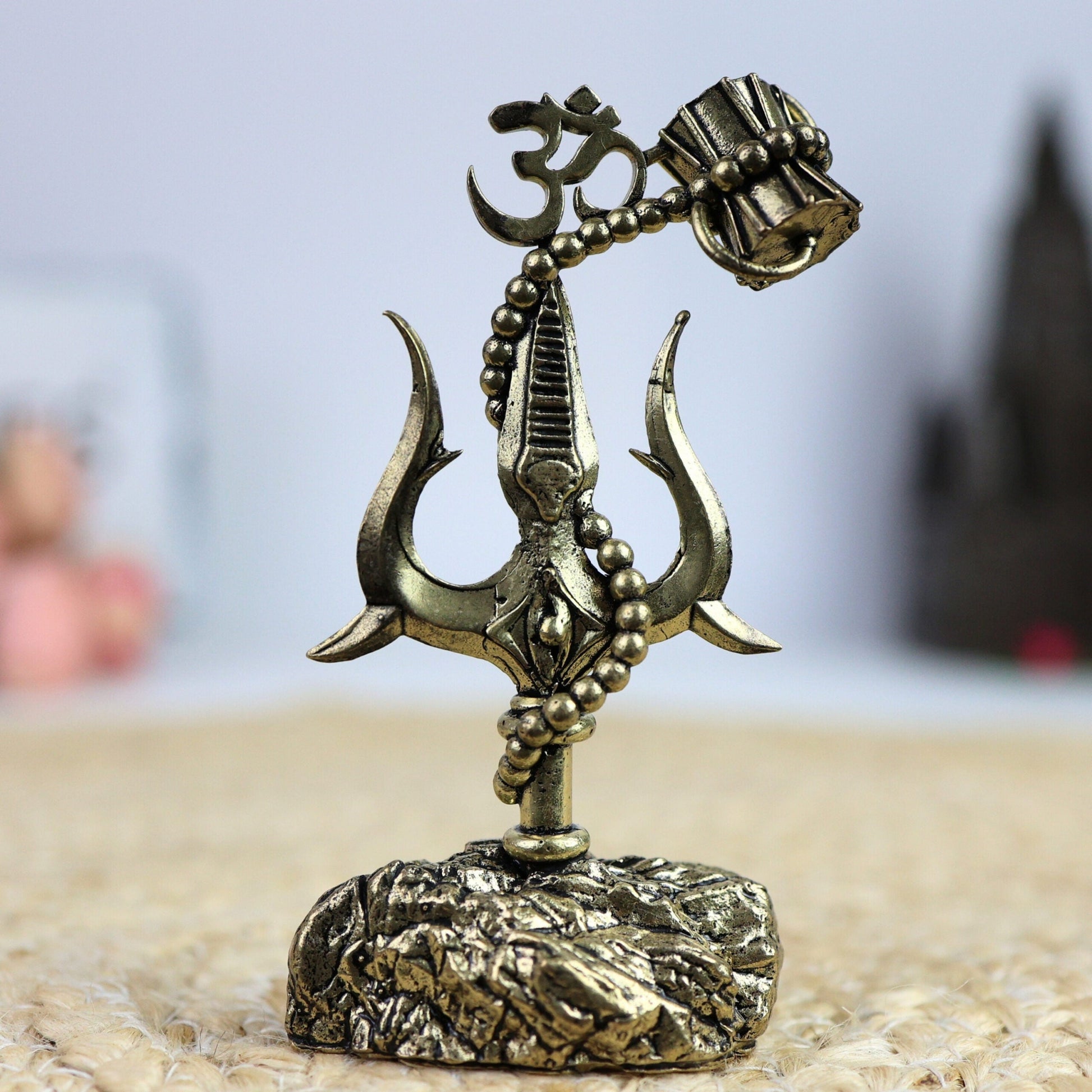 Brass Trishul with Damru Idol, Lord Shiva Trident Statue, Mahadev Trishul for Puja, Home Temple & Spiritual Decor,Gold, 4 Inch, 1 Piece