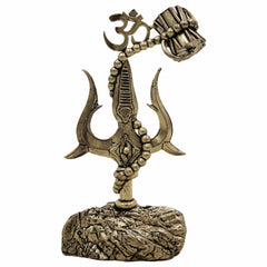 Brass Trishul with Damru Idol, Lord Shiva Trident Statue, Mahadev Trishul for Puja, Home Temple & Spiritual Decor,Gold, 4 Inch, 1 Piece
