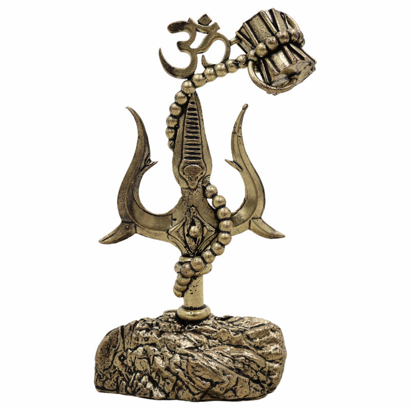 Brass Trishul with Damru Idol, Lord Shiva Trident Statue, Mahadev Trishul for Puja, Home Temple & Spiritual Decor,Gold, 4 Inch, 1 Piece