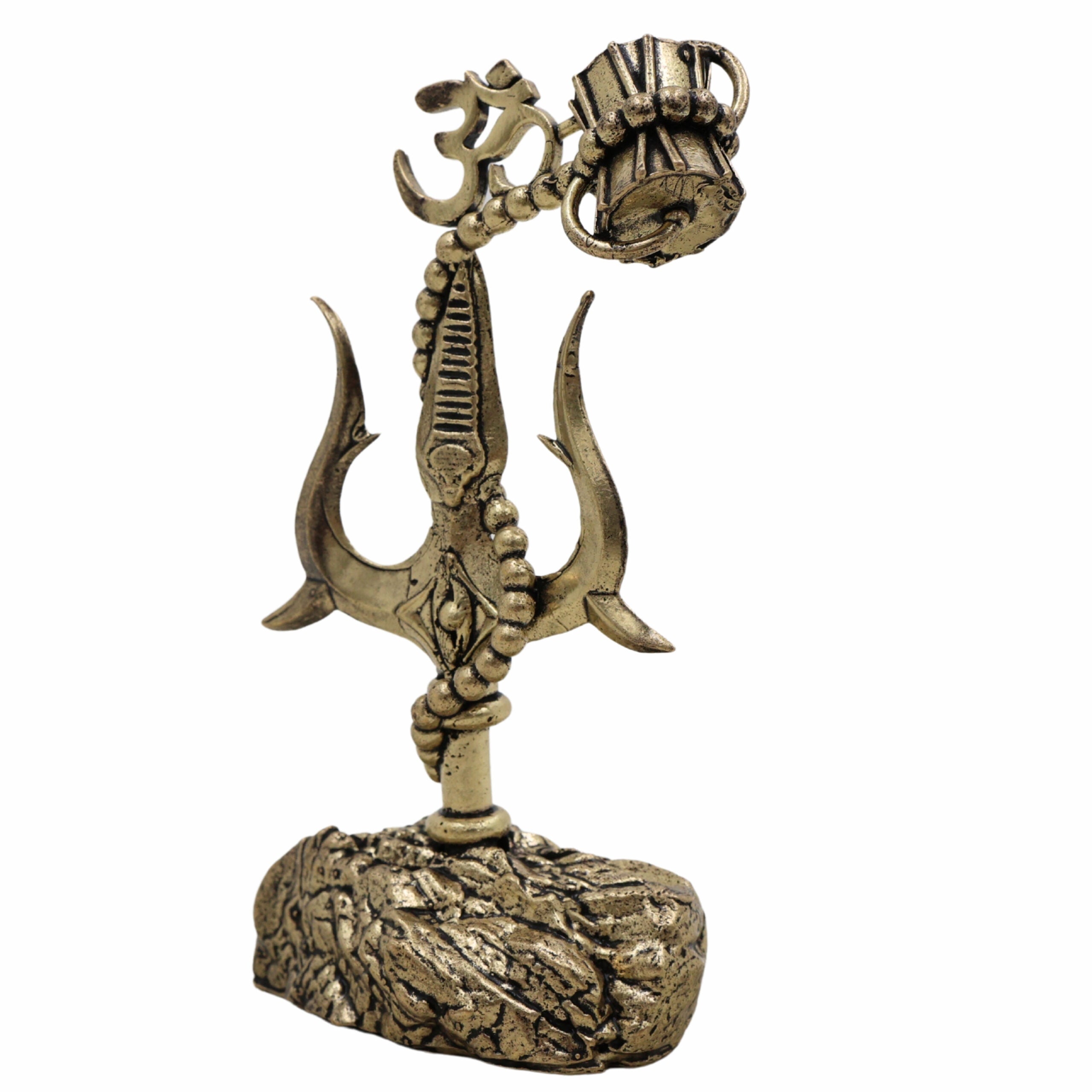 Brass Trishul with Damru Idol, Lord Shiva Trident Statue, Mahadev Trishul for Puja, Home Temple & Spiritual Decor,Gold, 4 Inch, 1 Piece