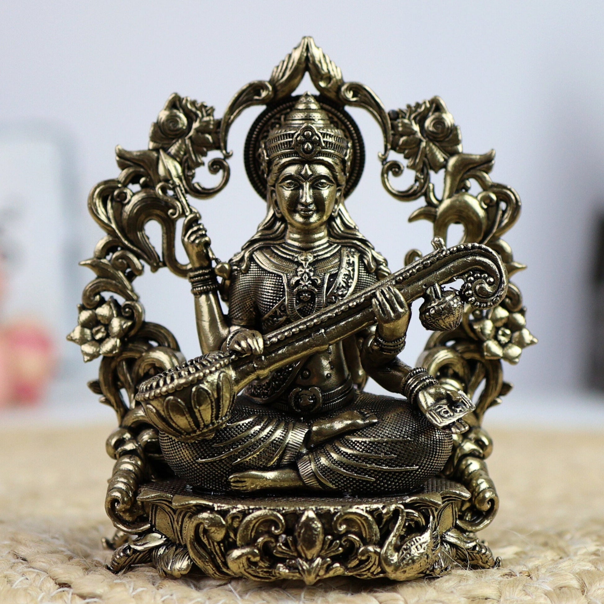 Brass Saraswati Idol, Veena Vadini, Sharada, Vagdevi, Maa Saraswati Murti for Pooja, Study Room, Vasant Panchami & Home Decor,Gold, 4.5 Inch, 1 Piece
