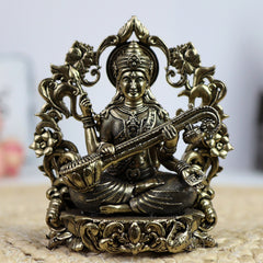 Brass Saraswati Idol, Veena Vadini, Sharada, Vagdevi, Maa Saraswati Murti for Pooja, Study Room, Vasant Panchami & Home Decor,Gold, 4.5 Inch, 1 Piece