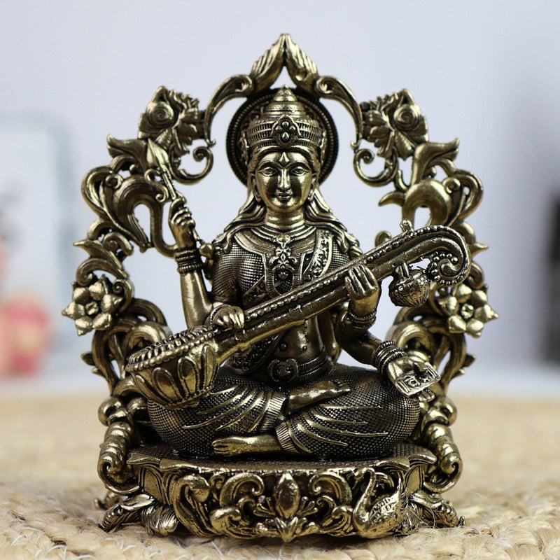 Brass Saraswati Idol, Veena Vadini, Sharada, Vagdevi, Maa Saraswati Murti for Pooja, Study Room, Vasant Panchami & Home Decor,Gold, 4.5 Inch, 1 Piece