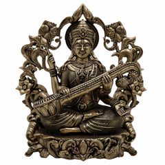 Brass Saraswati Idol, Veena Vadini, Sharada, Vagdevi, Maa Saraswati Murti for Pooja, Study Room, Vasant Panchami & Home Decor,Gold, 4.5 Inch, 1 Piece