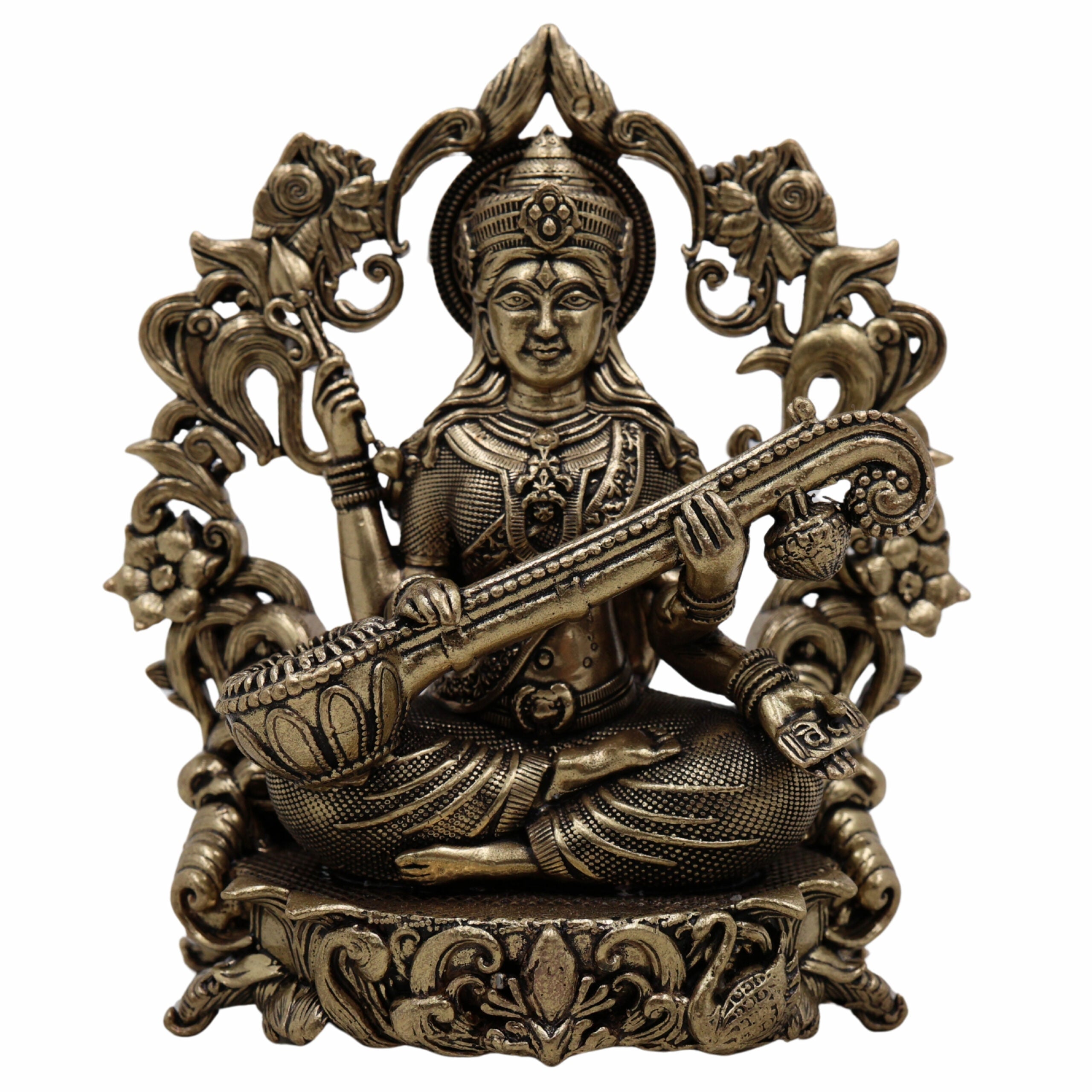Brass Saraswati Idol, Veena Vadini, Sharada, Vagdevi, Maa Saraswati Murti for Pooja, Study Room, Vasant Panchami & Home Decor,Gold, 4.5 Inch, 1 Piece