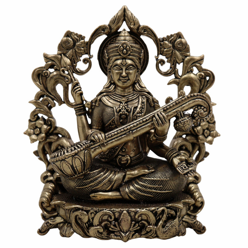 Brass Saraswati Idol, Veena Vadini, Sharada, Vagdevi, Maa Saraswati Murti for Pooja, Study Room, Vasant Panchami & Home Decor,Gold, 4.5 Inch, 1 Piece