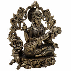 Brass Saraswati Idol, Veena Vadini, Sharada, Vagdevi, Maa Saraswati Murti for Pooja, Study Room, Vasant Panchami & Home Decor,Gold, 4.5 Inch, 1 Piece