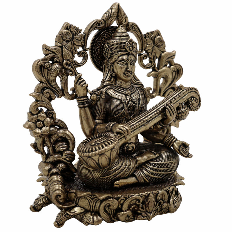 Brass Saraswati Idol, Veena Vadini, Sharada, Vagdevi, Maa Saraswati Murti for Pooja, Study Room, Vasant Panchami & Home Decor,Gold, 4.5 Inch, 1 Piece