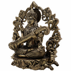 Brass Saraswati Idol, Veena Vadini, Sharada, Vagdevi, Maa Saraswati Murti for Pooja, Study Room, Vasant Panchami & Home Decor,Gold, 4.5 Inch, 1 Piece