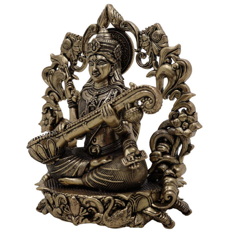 Brass Saraswati Idol, Veena Vadini, Sharada, Vagdevi, Maa Saraswati Murti for Pooja, Study Room, Vasant Panchami & Home Decor,Gold, 4.5 Inch, 1 Piece