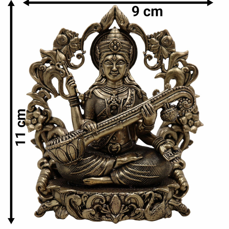 Brass Saraswati Idol, Veena Vadini, Sharada, Vagdevi, Maa Saraswati Murti for Pooja, Study Room, Vasant Panchami & Home Decor,Gold, 4.5 Inch, 1 Piece