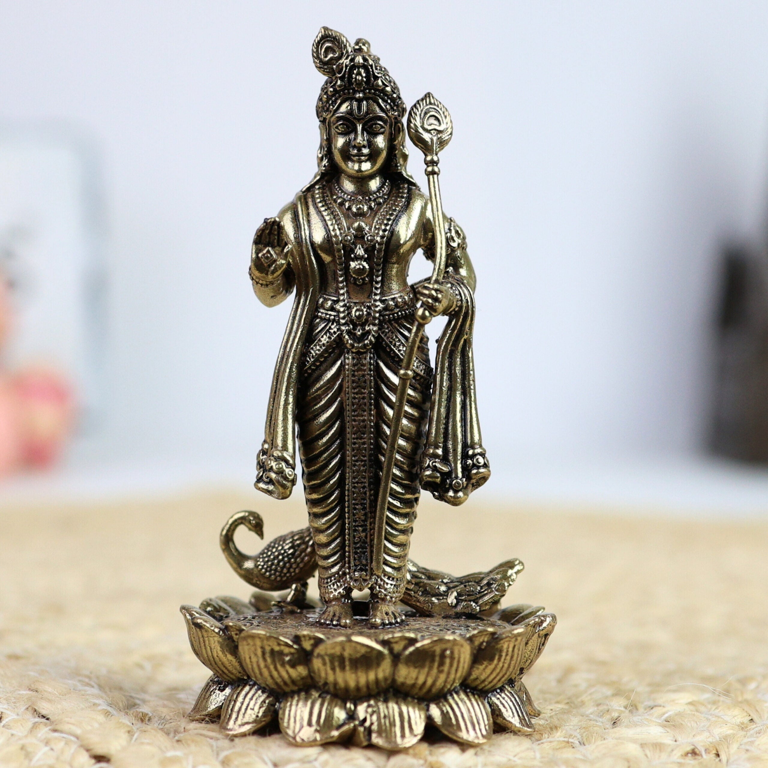 Brass Murugan Idol – Kartikeya | Subramanya | Skanda | Vel Murugan | Shanmukha | Palani Andavar Statue for Puja, Home Temple & Gifting,Gold, 4 Inch, 1 Piece