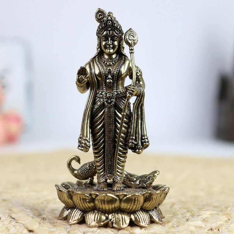 Brass Murugan Idol – Kartikeya | Subramanya | Skanda | Vel Murugan | Shanmukha | Palani Andavar Statue for Puja, Home Temple & Gifting,Gold, 4 Inch, 1 Piece
