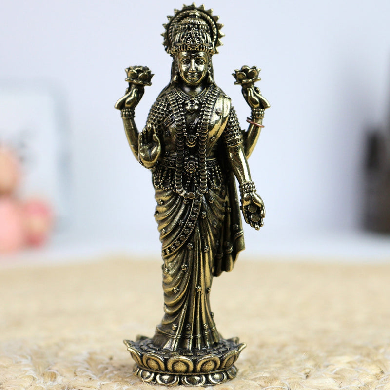 Handcrafted Brass Lakshmi Idol – Mahalakshmi, Gaja Lakshmi, Ashta Lakshmi, Varalakshmi, Kamala Devi Murti for Pooja, Temple & Home Decor,Gold, 4 Inch, 1 Piece