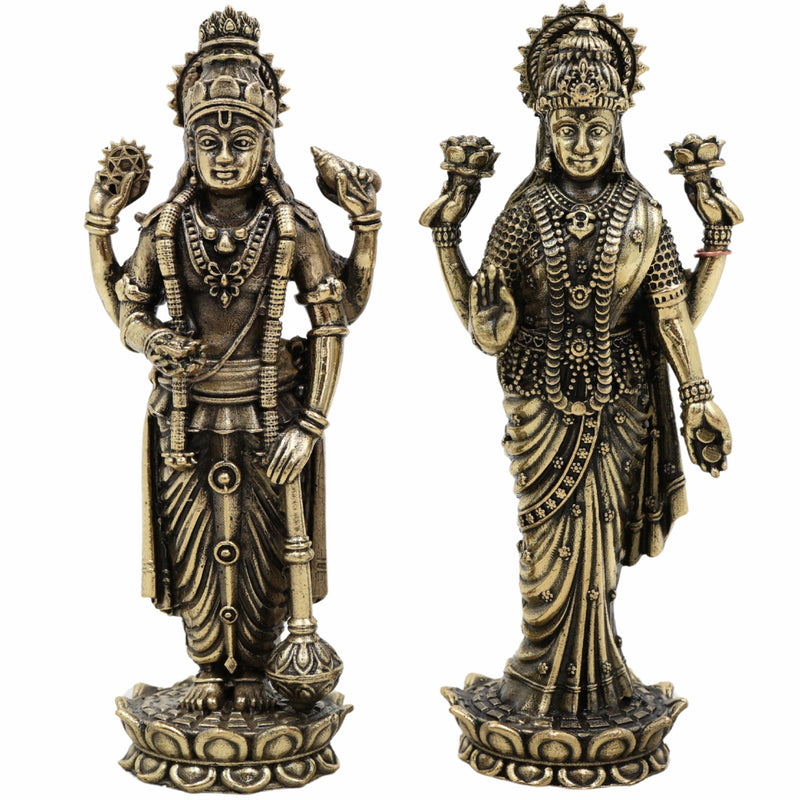 Brass Vishnu Lakshmi Idol | Lakshmi Narayan Murti | Lakshmi Narayan Murti | Pital Vigraham for Home Temple Pooja Decor & Gifts – Bhunes,Gold, 4 Inch, 1 Piece