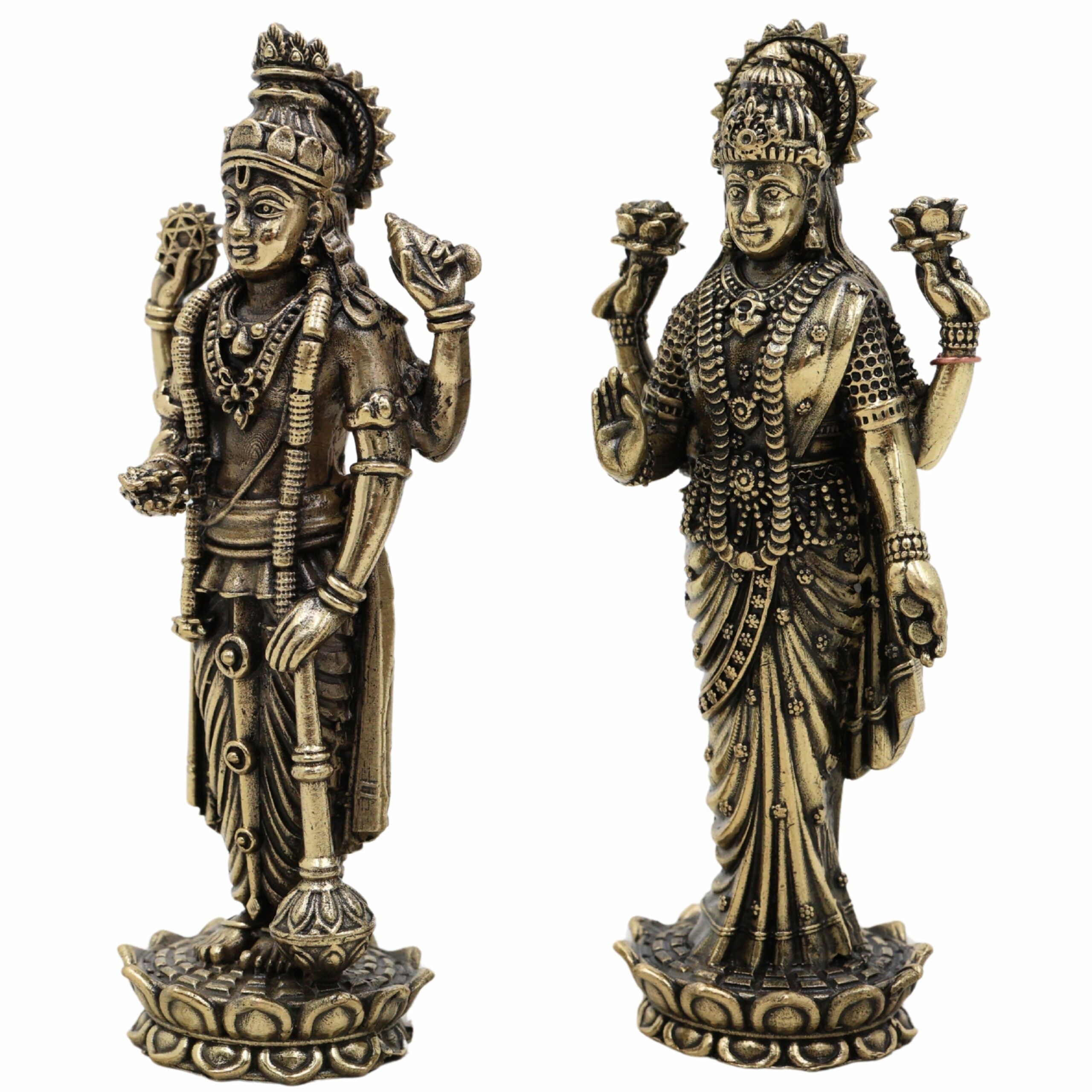 Brass Vishnu Lakshmi Idol | Lakshmi Narayan Murti | Lakshmi Narayan Murti | Pital Vigraham for Home Temple Pooja Decor & Gifts – Bhunes,Gold, 4 Inch, 1 Piece