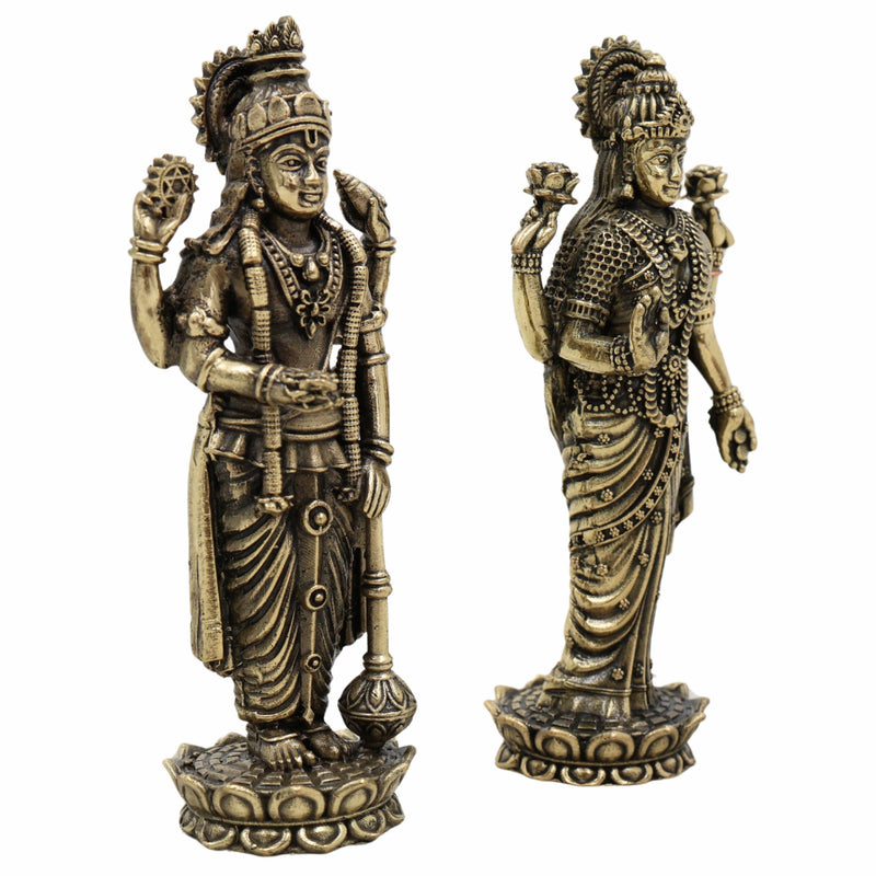 Brass Vishnu Lakshmi Idol | Lakshmi Narayan Murti | Lakshmi Narayan Murti | Pital Vigraham for Home Temple Pooja Decor & Gifts – Bhunes,Gold, 4 Inch, 1 Piece