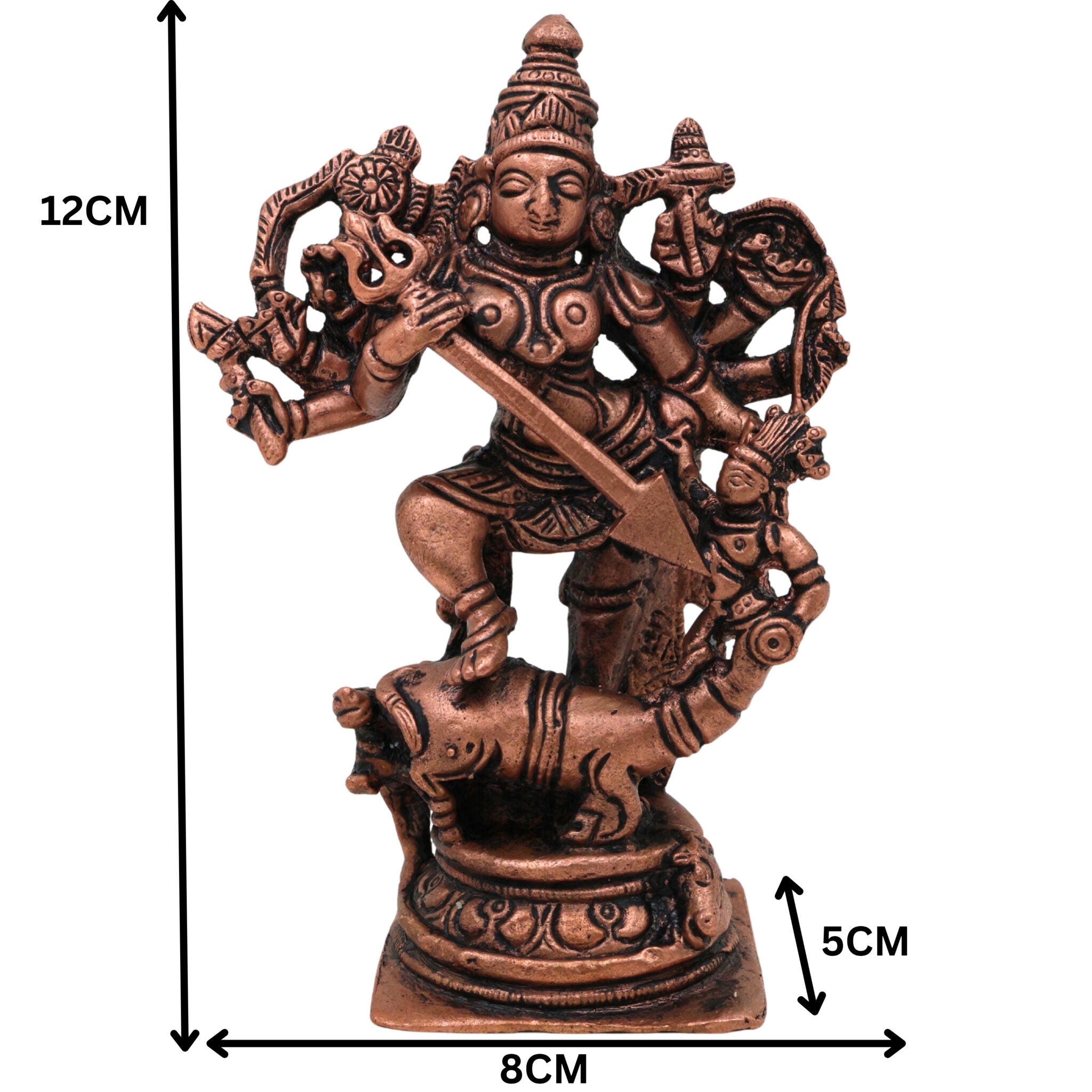 Copper Mahishasura Mardini Idol, Durga Murti, Chamundi Sculpture, Shakti Vigraham for Pooja, Home Temple, Navratri Decor, Handcrafted Hindu Goddess Statue,Brown, 4.5 Inch, 1 Piece