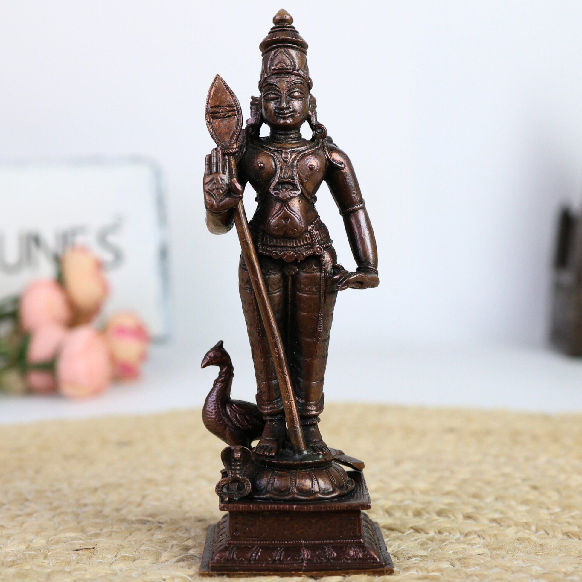 Copper Handcrafted Murugan Idol | Kartikeya Subramanya Skanda Shanmukha Kumara Swamy Statue | Tamra Pooja Murti for Temple, Home Decor & Gifts,Brown, 6 Inch, 1 Piece