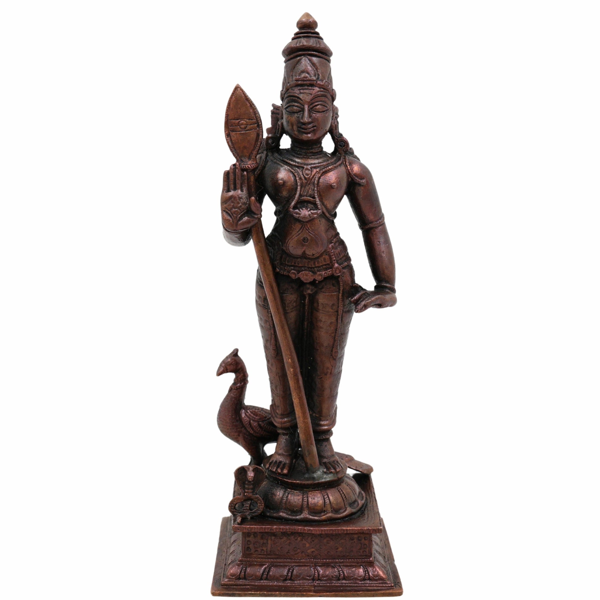 Copper Handcrafted Murugan Idol | Kartikeya Subramanya Skanda Shanmukha Kumara Swamy Statue | Tamra Pooja Murti for Temple, Home Decor & Gifts,Brown, 6 Inch, 1 Piece