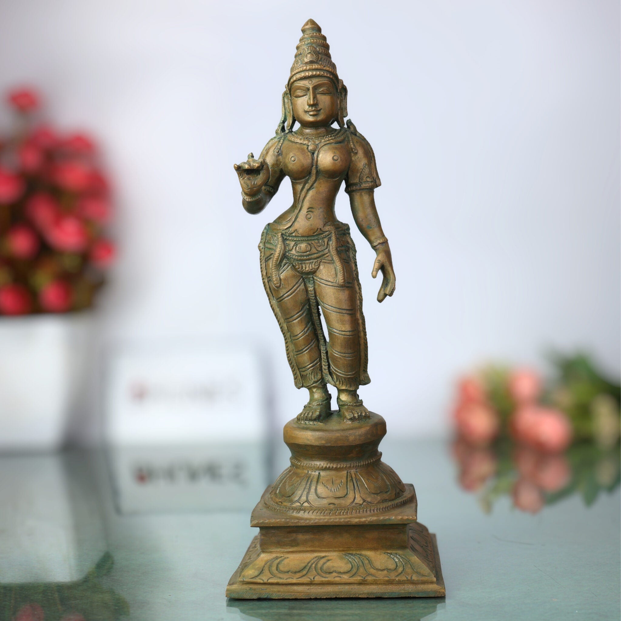 Divine Panchaloha Bhoga Shakti Parvati Idol | Bronze Shakti Devi Murti in Chola Style For Temple & Home Décor,Brown, 12 Inch, 1 Piece