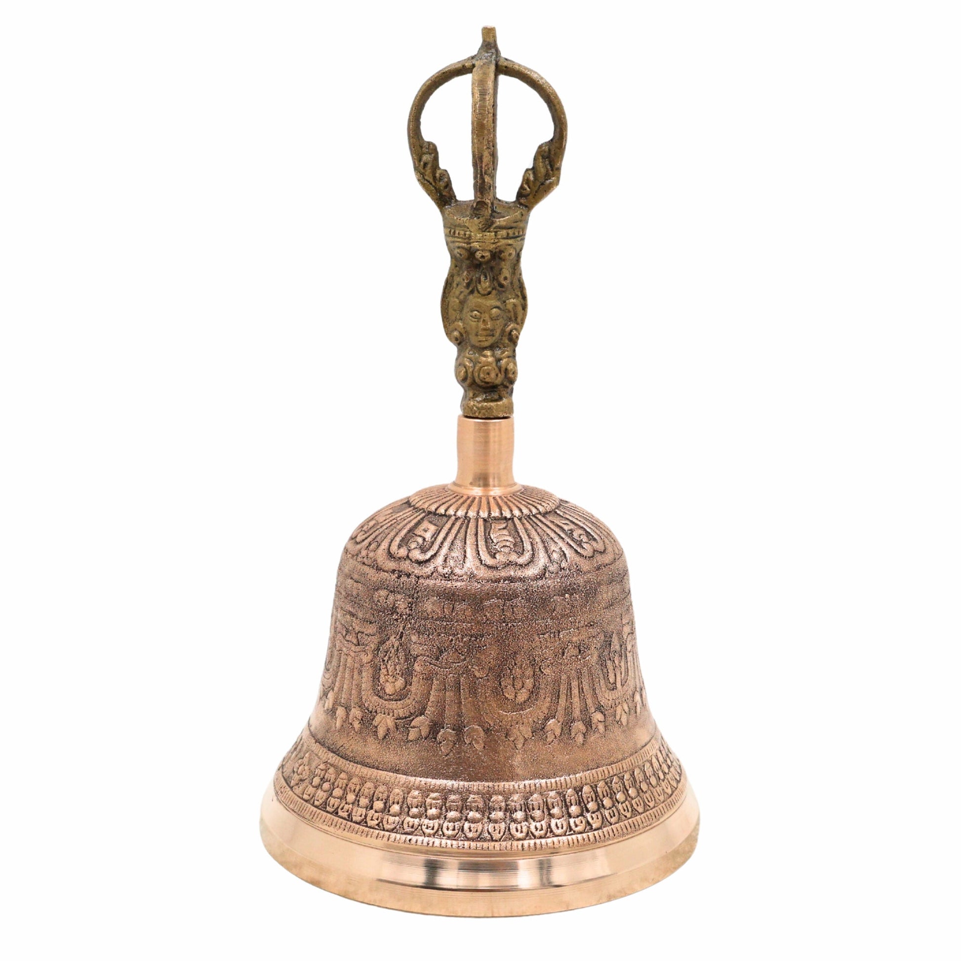 Brass Pooja Bell (Ganti), Temple Bell, Puja Ghanti, Mandir Bell, Handheld Hindu Ritual Bell, Aarti, Bhajan & Meditation Bell, Decorative Brass & Bronze Worship Bell, Gold, 8 Inch, 1 Piece