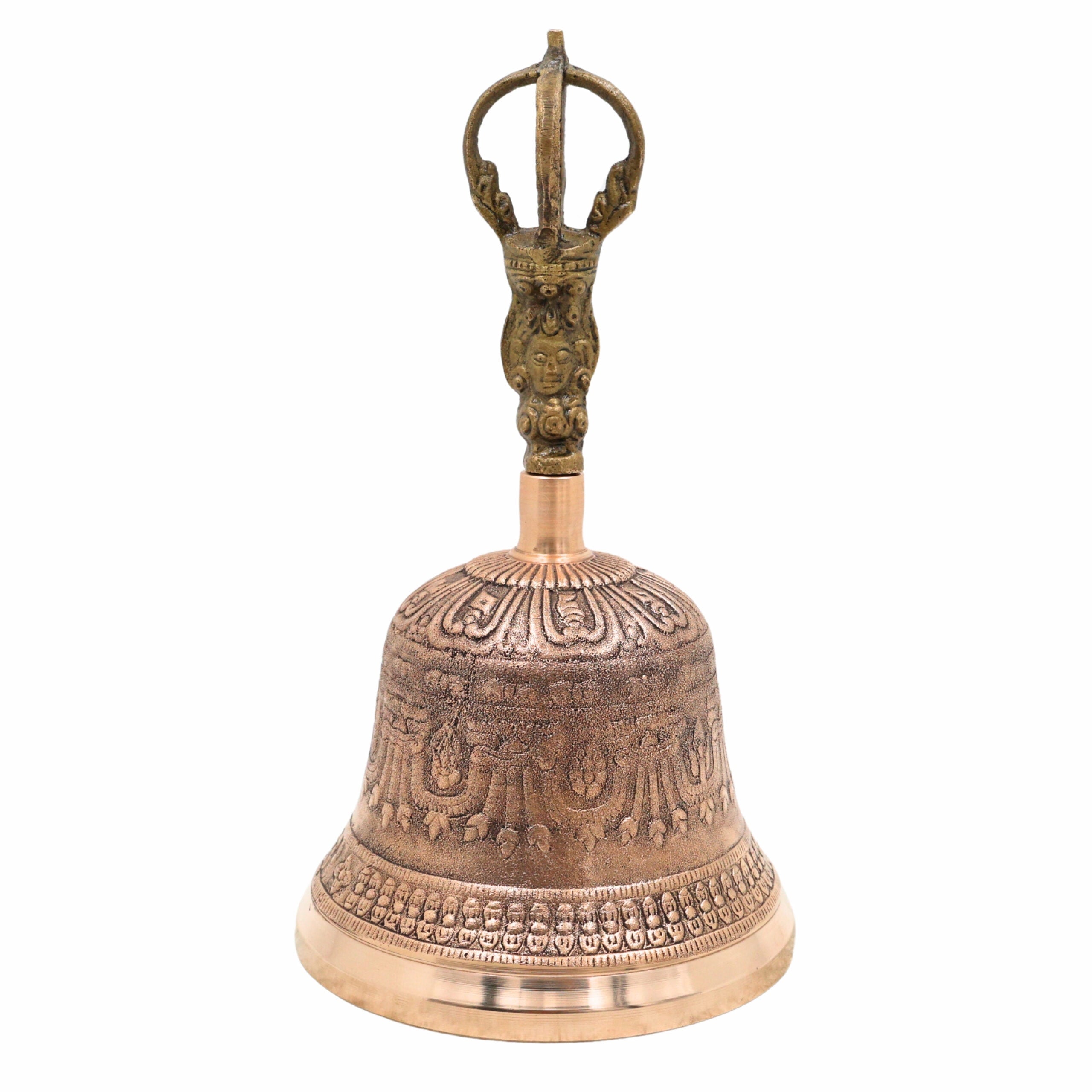 Brass Pooja Bell (Ganti), Temple Bell, Puja Ghanti, Mandir Bell, Handheld Hindu Ritual Bell, Aarti, Bhajan & Meditation Bell, Decorative Brass & Bronze Worship Bell, Gold, 8 Inch, 1 Piece