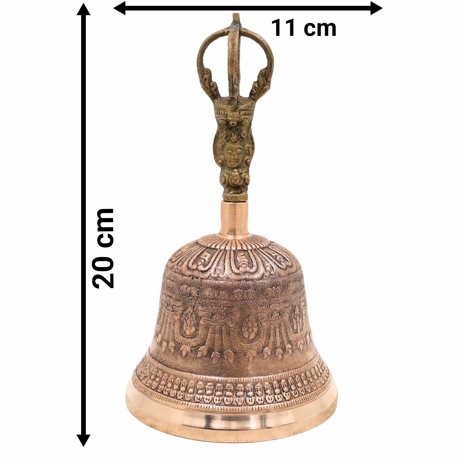 Brass Pooja Bell (Ganti), Temple Bell, Puja Ghanti, Mandir Bell, Handheld Hindu Ritual Bell, Aarti, Bhajan & Meditation Bell, Decorative Brass & Bronze Worship Bell, Gold, 8 Inch, 1 Piece