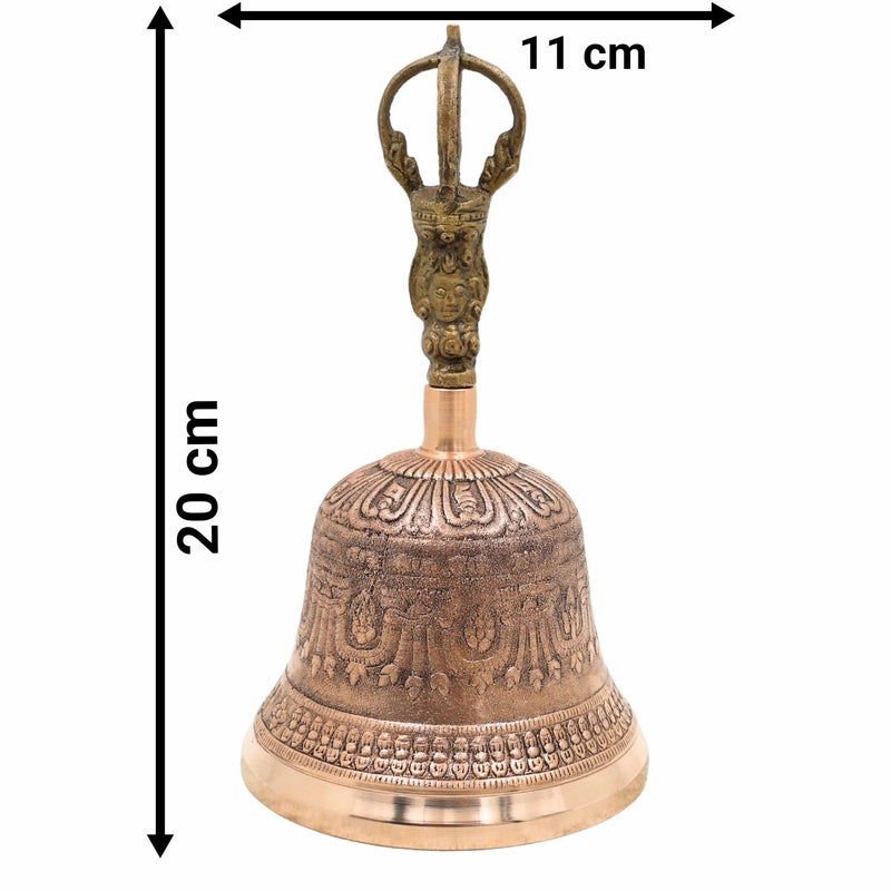 Brass Pooja Bell (Ganti), Temple Bell, Puja Ghanti, Mandir Bell, Handheld Hindu Ritual Bell, Aarti, Bhajan & Meditation Bell, Decorative Brass & Bronze Worship Bell, Gold, 8 Inch, 1 Piece