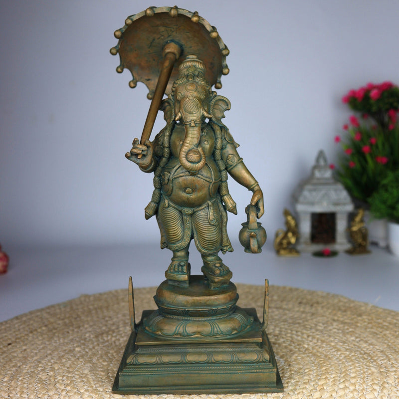Handcrafted Bronze Panchaloha Ganesha Idol, Chola Style Vinayaka, Ganapati, Pillaiyar, Siddhivinayak, Vighneshwara Sculpture for Home & Temple Decor, 14 Inch, 1 Piece