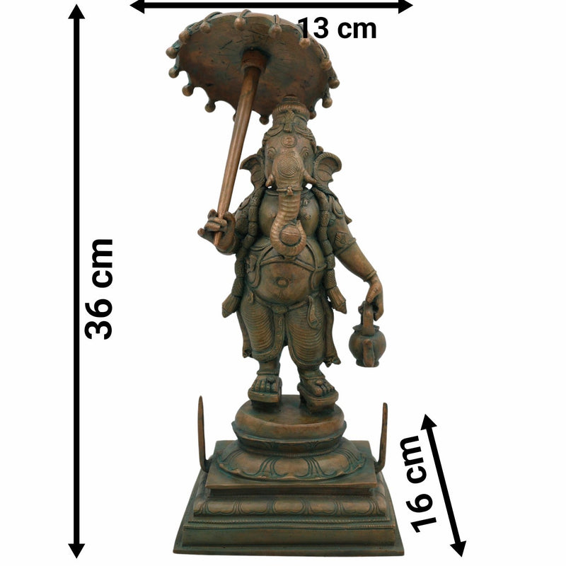 Handcrafted Bronze Panchaloha Ganesha Idol, Chola Style Vinayaka, Ganapati, Pillaiyar, Siddhivinayak, Vighneshwara Sculpture for Home & Temple Decor, 14 Inch, 1 Piece