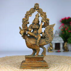 Bronze Panchaloha Saraswati Idol – Chola Art Goddess Saraswathi Sitting On Peacock Statue | Divine Veena Murti For Home, Temple & Gift,Brown, 10 Inch, 1 Piece