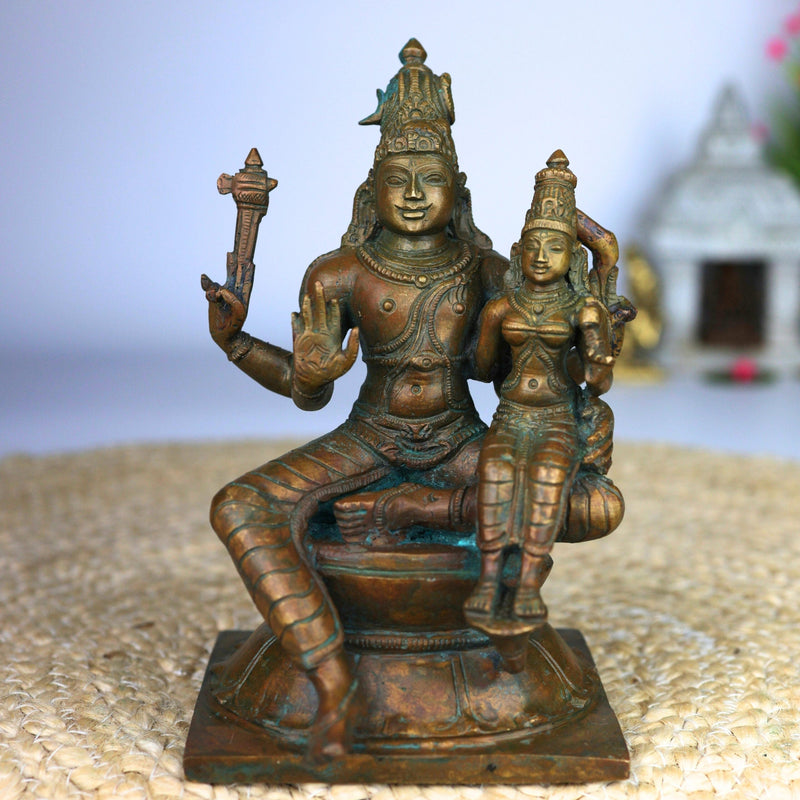 Handcrafted Bronze Shiva Parvati Idol – Uma Maheshwara | Ardhanarishvara Panchaloha Silai | Chola Style Nataraja Shakti Sculpture for Home Temple Decor,Brown, 6.5 Inch, 1 Piece