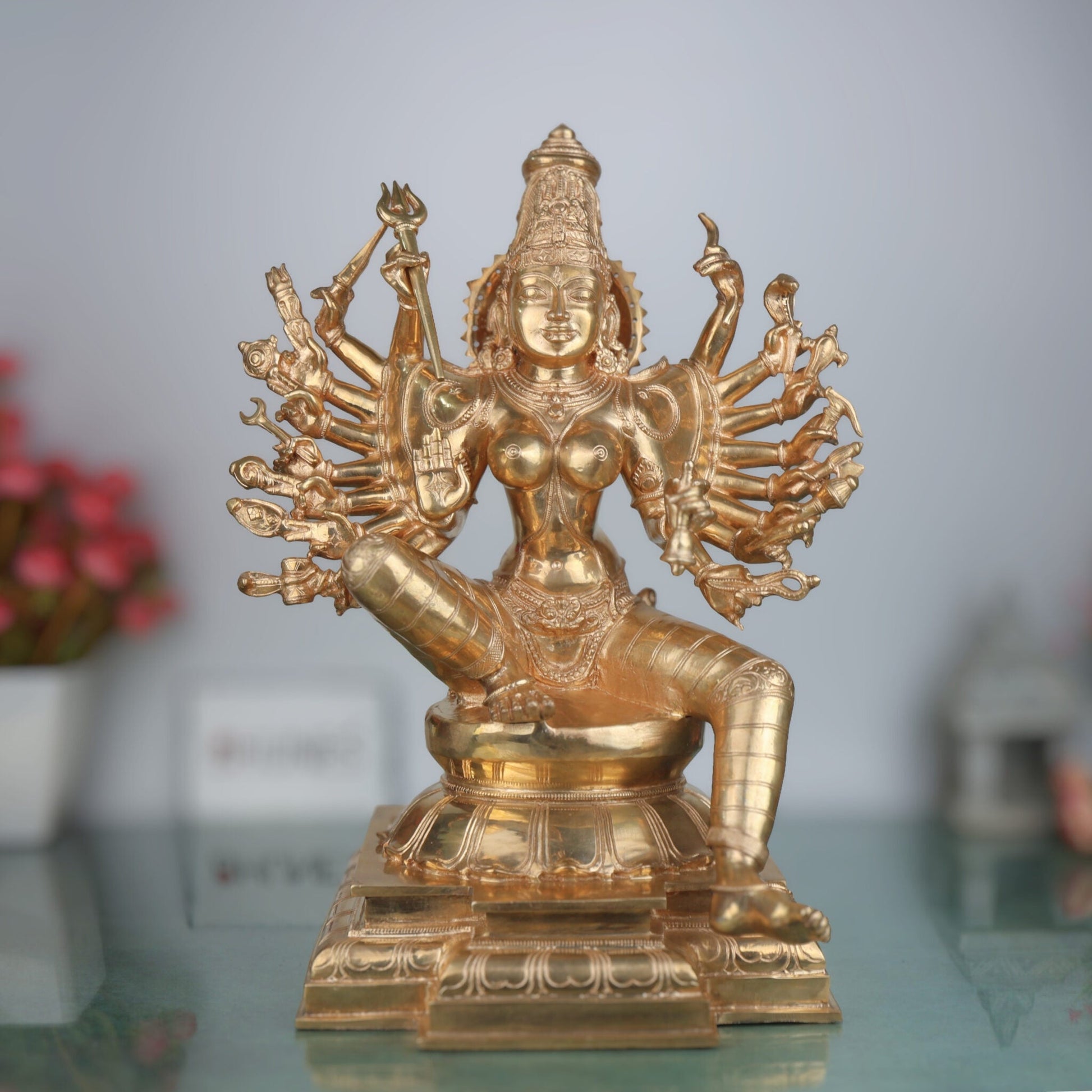 Bronze PanchalohaGoddess Kali | Adi Shakti | Mahakali Bronze Panchaloha Idol | Chola Art Inspired Handcrafted Durga Sculpture,Gold, 18 Inch, 1 Piece