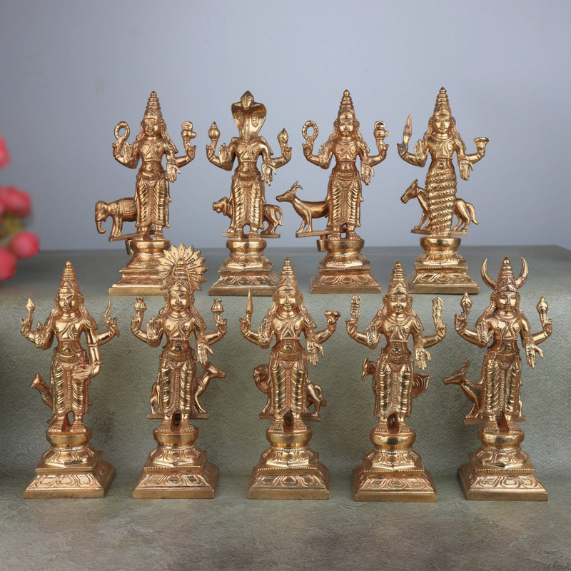 Handcrafted Bronze Panchaloha Navagraha Idol Set, Nava Graha Devata, 9 Planetary Gods, Graha Shanti Vastu Remedy Sculpture,Gold, 6.5 Inch, 1 Piece