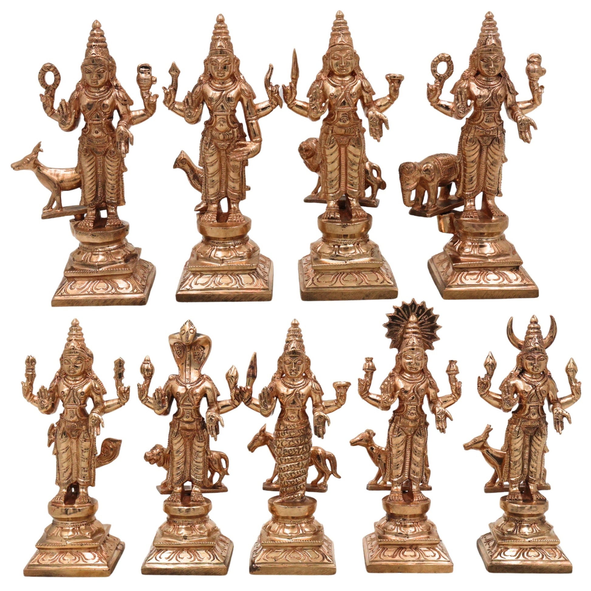 Handcrafted Bronze Panchaloha Navagraha Idol Set, Nava Graha Devata, 9 Planetary Gods, Graha Shanti Vastu Remedy Sculpture,Gold, 6.5 Inch, 1 Piece