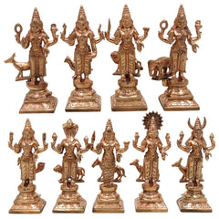 Handcrafted Bronze Panchaloha Navagraha Idol Set, Nava Graha Devata, 9 Planetary Gods, Graha Shanti Vastu Remedy Sculpture,Gold, 6.5 Inch, 1 Piece