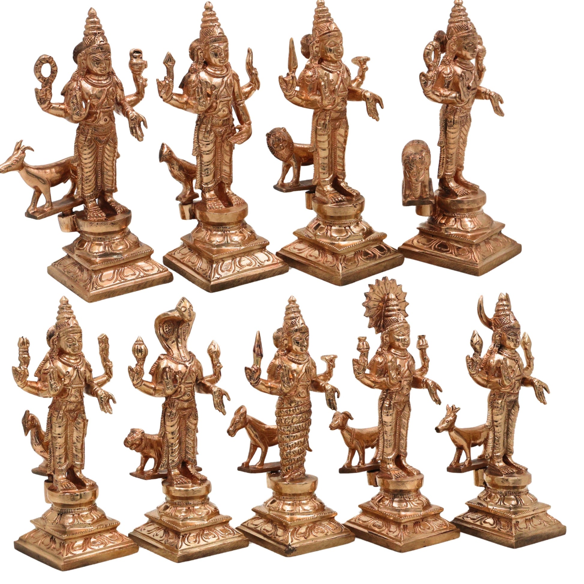 Handcrafted Bronze Panchaloha Navagraha Idol Set, Nava Graha Devata, 9 Planetary Gods, Graha Shanti Vastu Remedy Sculpture,Gold, 6.5 Inch, 1 Piece