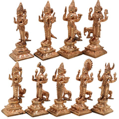 Handcrafted Bronze Panchaloha Navagraha Idol Set, Nava Graha Devata, 9 Planetary Gods, Graha Shanti Vastu Remedy Sculpture,Gold, 6.5 Inch, 1 Piece