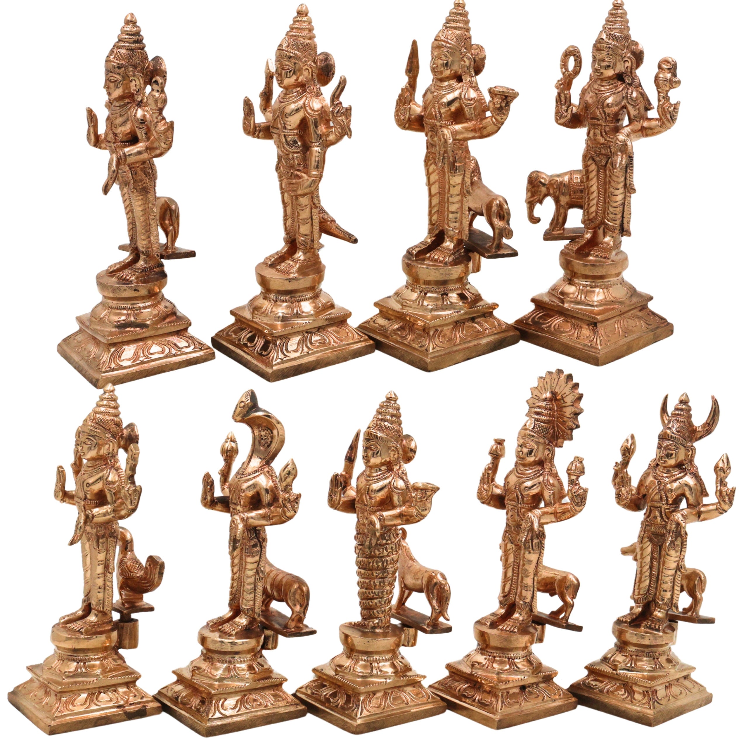 Handcrafted Bronze Panchaloha Navagraha Idol Set, Nava Graha Devata, 9 Planetary Gods, Graha Shanti Vastu Remedy Sculpture,Gold, 6.5 Inch, 1 Piece