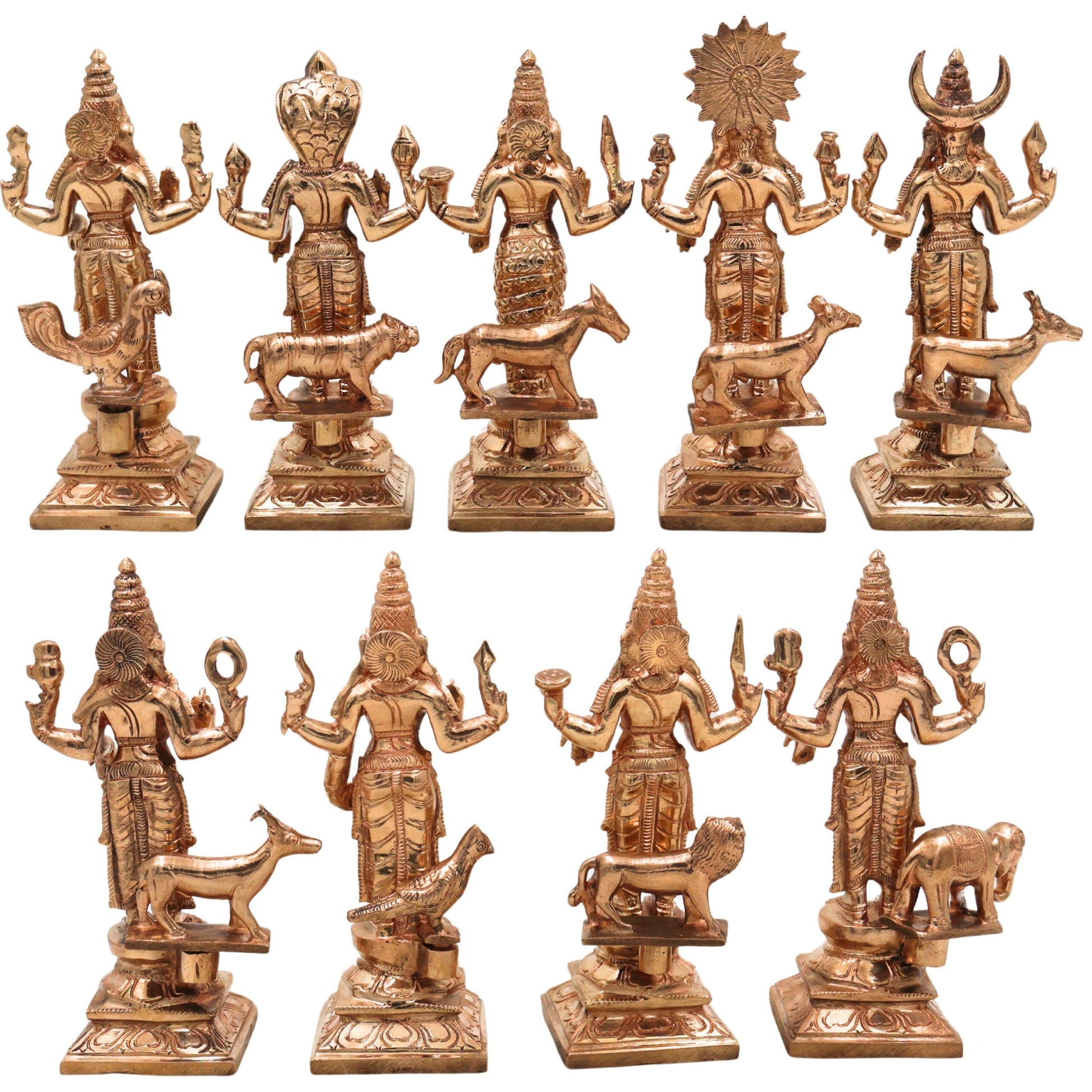 Handcrafted Bronze Panchaloha Navagraha Idol Set, Nava Graha Devata, 9 Planetary Gods, Graha Shanti Vastu Remedy Sculpture,Gold, 6.5 Inch, 1 Piece