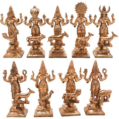 Handcrafted Bronze Panchaloha Navagraha Idol Set, Nava Graha Devata, 9 Planetary Gods, Graha Shanti Vastu Remedy Sculpture,Gold, 6.5 Inch, 1 Piece